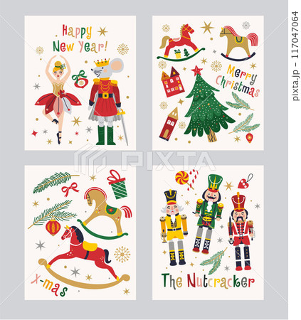 Happy New Year Nutcrackers Vector banners set on Light Background. Postcard. Tchaikovsky Ballet. Christmas illustration. Happy New Year Nutcrackers Vector banners set on Light Background. Postcard. Tchaikovsky Ballet. Christmas illustration. 117047064