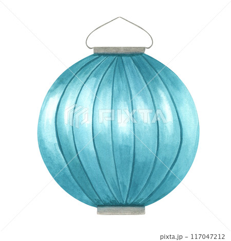 Blue paper lantern. Vibrant hanging lamp. Traditional round candil. Diwali. Chinese New Year. Asian light festival. Watercolor illustration. Festive element for home decor, greeting card design 117047212