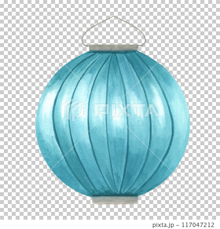 Blue paper lantern. Vibrant hanging lamp. Traditional round candil. Diwali. Chinese New Year. Asian light festival. Watercolor illustration. Festive element for home decor, greeting card design 117047212