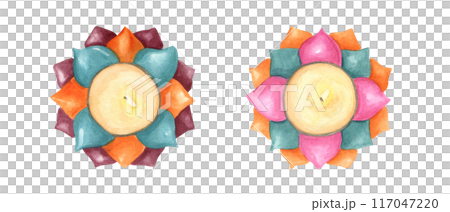 Two floral themed candles. Candle with multicolor vibrant petals. Burning Diwali lamp. Artistic Watercolor Design. Hand drawn painting illustration. For invitations, greeting cards, advertising Two floral themed candles. Candle with multicolor vibrant petals. Burning Diwali lamp. Artistic Watercolor Design. Hand drawn painting illustration. For invitations, greeting cards, advertising 117047220