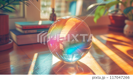 周囲の景色が映りこんだ部屋に置かれた虹色に光る水晶玉 周囲の景色が映りこんだ部屋に置かれた虹色に光る水晶玉 117047266