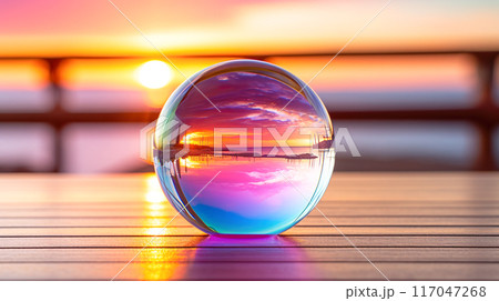 周囲の景色が映りこんだ部屋に置かれた虹色に光る水晶玉 周囲の景色が映りこんだ部屋に置かれた虹色に光る水晶玉 117047268