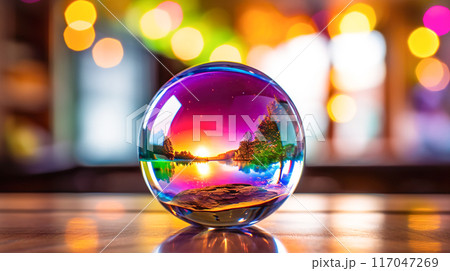 周囲の景色が映りこんだ部屋に置かれた虹色に光る水晶玉 117047269