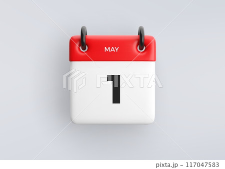 3D calendar icon with date 1 May on grey background. Vector schedule symbol. 117047583