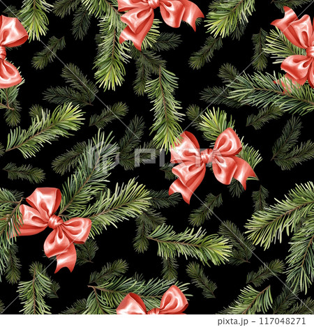 Seamless pattern with fir tree branches and bows. Dark Christmas background 117048271