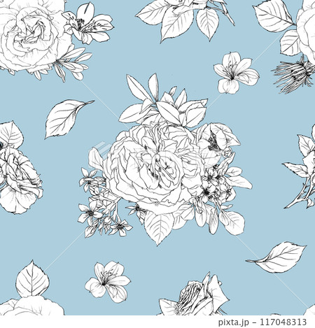 Hand drawn pencil graphic illustration seamless pattern of vintage flowers Hand drawn pencil graphic illustration seamless pattern of vintage flowers 117048313