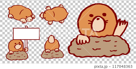 Cute mole character with its head sticking out of a hole 117048363
