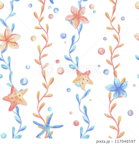 Sea corals, algae, shells, starfish, fish, bubbles. Watercolor illustration hand drawn in coral, turquoise and blue colors. Seamless pattern on a white background 117048597