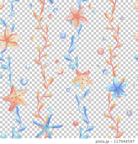 Sea corals, algae, shells, starfish, fish, bubbles. Watercolor illustration hand drawn in coral, turquoise and blue colors. Seamless pattern on a white background 117048597