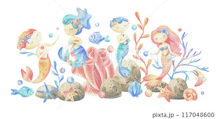 Mermaid little boy and girl with sea corals, algae, shells, starfish, fish, bubbles. Watercolor illustration hand drawn in coral, turquoise and blue colors. Composition isolated from the background 117048600