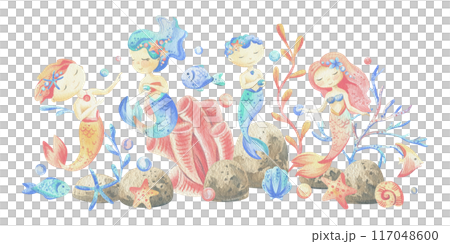 Mermaid little boy and girl with sea corals, algae, shells, starfish, fish, bubbles. Watercolor illustration hand drawn in coral, turquoise and blue colors. Composition isolated from the background 117048600