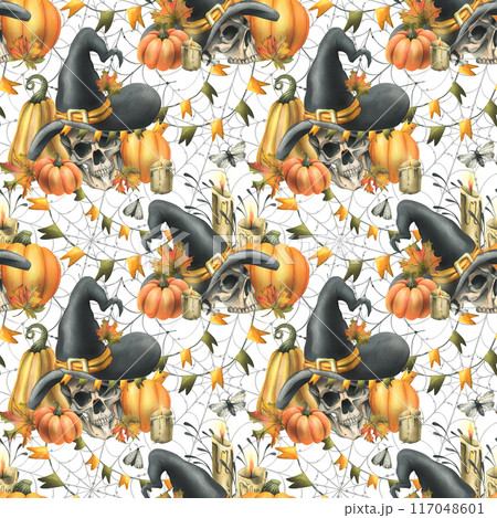Human skulls in a black witch hat, orange pumpkins, cobwebs, candles and autumn maple leaves. Hand drawn watercolor illustration for Halloween. Seamless pattern on a white background 117048601