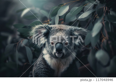 A fluffy koala surrounded by eucalyptus leaves looks curiously into the distance. 117048946