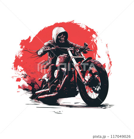 Dramatic illustration of a skeleton in a hood riding a motorcycle, set against a bold red background, blending gothic and rebellious elements. 117049026