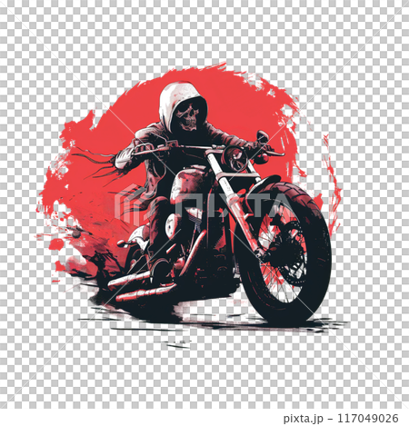 Dramatic illustration of a skeleton in a hood riding a motorcycle, set against a bold red background, blending gothic and rebellious elements. 117049026