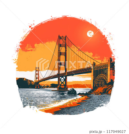 Golden Gate Bridge PNG illustrations showcasing the iconic landmark at different times of day with vibrant colors and stunning artistic details. 117049027
