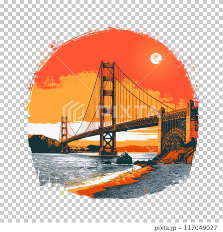 Golden Gate Bridge PNG illustrations showcasing the iconic landmark at different times of day with vibrant colors and stunning artistic details. 117049027