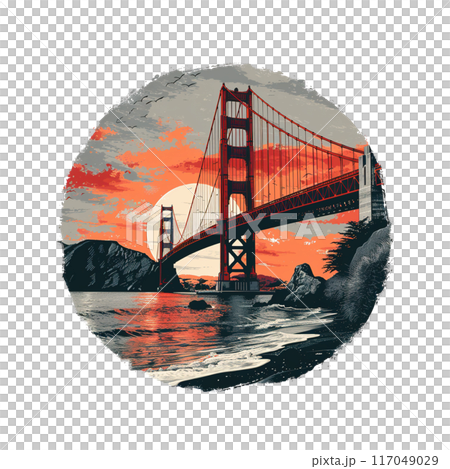 Golden Gate Bridge PNG illustrations showcasing the iconic landmark at different times of day with vibrant colors and stunning artistic details. 117049029