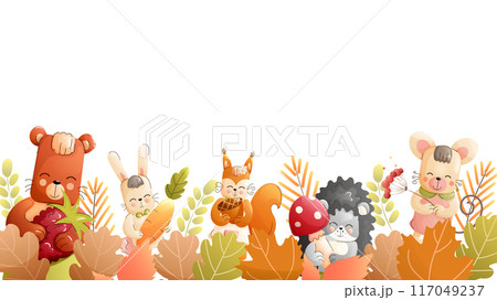 Childrens animals background. A bear, rabbit, squirrel, hedgehog, and mouse surrounded by leaves, branches, mushrooms. 117049237