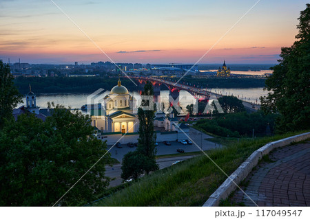 Evening view of Annunciation Monastery, Kanavinsky Bridge and Alexander Nevsky Cathedrall, Nizhny Novgorod, Russia Evening view of Annunciation Monastery, Kanavinsky Bridge and Alexander Nevsky Cathedrall, Nizhny Novgorod, Russia 117049547
