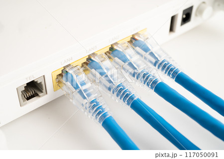 Ethernet cable with wireless router connect to internet service provider internet network. 117050091