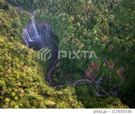 Aerial top view from above of Tumpak Sewu ,also known as Coban Sewu, 120m high waterfall in Malang regency, East Java, Indonesia 117050336