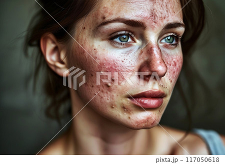 Woman with acne skin problem. skin care and health concept Woman with acne skin problem. skin care and health concept 117050618
