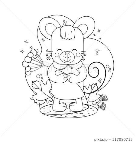 Childrens drawings coloring page. A mouse dressed in a colorful outfit while holding a small bouquet of flowers. Childrens drawings coloring page. A mouse dressed in a colorful outfit while holding a small bouquet of flowers. 117050713