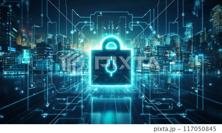 Futuristic Cityscape with Integrated Cybersecurity Elements Ai generated 117050845