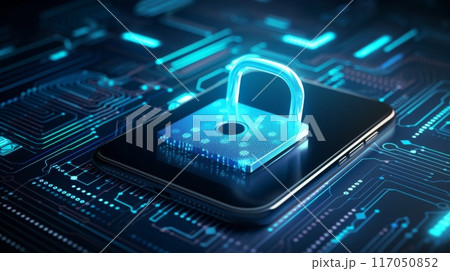 Smartphone with Illuminated Padlock Icon on Circuit Board Background Ai generated 117050852