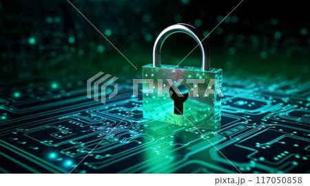 Metallic Padlock on Printed Circuit Board Close-Up Ai generated 117050858
