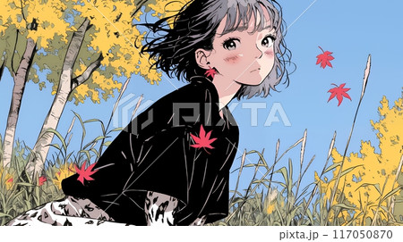 秋の野原で紅葉を見ている若い女性
