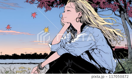 秋の夕暮れと紅葉と若い女