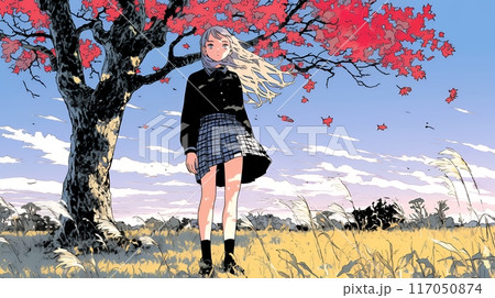 秋風と夕空と紅葉と若い女性