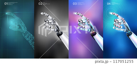 Steel robotic versions of hands in virtual background space. Steel robotic versions of hands in virtual background space. 117051255