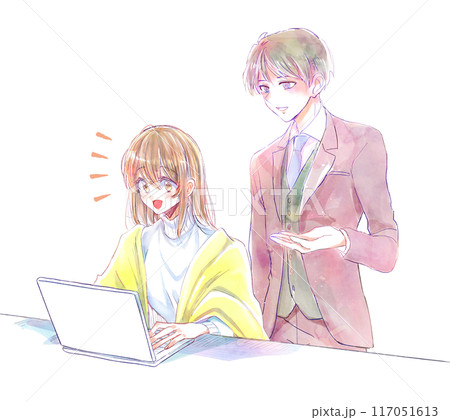 パソコンを操作する女性に教える男性 パソコンを操作する女性に教える男性 117051613