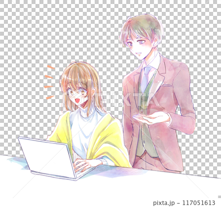 パソコンを操作する女性に教える男性 パソコンを操作する女性に教える男性 117051613