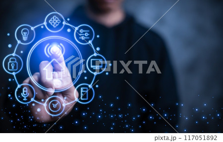 smart home automation concept, Circular futuristic interface of smart home automation assistant on a virtual screen and a user touching a button 117051892