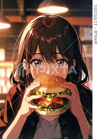大きすぎるハンバーガーに戸惑う少女 117052351