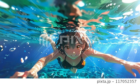 水の中で目を開けてこちらに向かって泳ぐ少女 水の中で目を開けてこちらに向かって泳ぐ少女 117052357