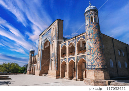 ancient Uzbek Islamic Kukeldash madrasah in Tashkent in Uzbekistan. Old medieval madrassa in Asia in spring 117052421