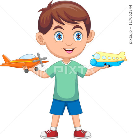 little boy playing with toy airplane little boy playing with toy airplane 117052544