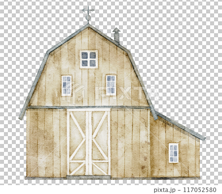 Watercolor Illustration of Rustic Barn with Vane Made of Wood and Metal Elements on isolated background. Drawing of old vintage Farm House in pastel colors for countryside design and harvest festival. 117052580
