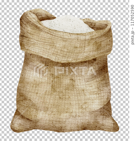 Sack of Flour watercolor illustration. Drawing of burlap bag whole of cereal grain on isolated background on isolated background. Ingredient for pastry and bakery. Sketch for product label. 117052590