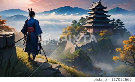 秋の夕暮れの塔のある風景 117052669
