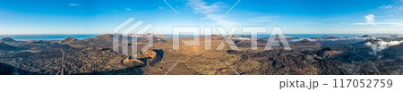 Aerial panoramic view of the barren volcanic Timanfaya National Park on Lanzarote 117052759