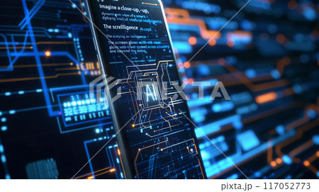 Advanced Technology Concept Visualization artificial intelligence. Circuit Board CPU Processor Microchip Starting Artificial Intelligence Digitalization of Neural Networking Digital Lines Move Data 117052773