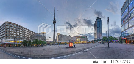 Panorama picture over Berlin Alexander square in evening light Panorama picture over Berlin Alexander square in evening light 117052797