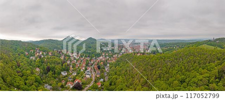 Aerial panoramic view of Thuringian city Eisenach with Wartburg castle in spring Aerial panoramic view of Thuringian city Eisenach with Wartburg castle in spring 117052799