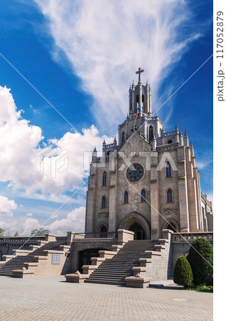 Cathedral of Sacred Heart of Jesus in Tashkent in Uzbekistan. Facade of ancient Roman Catholic Church in Asia in spring 117052879